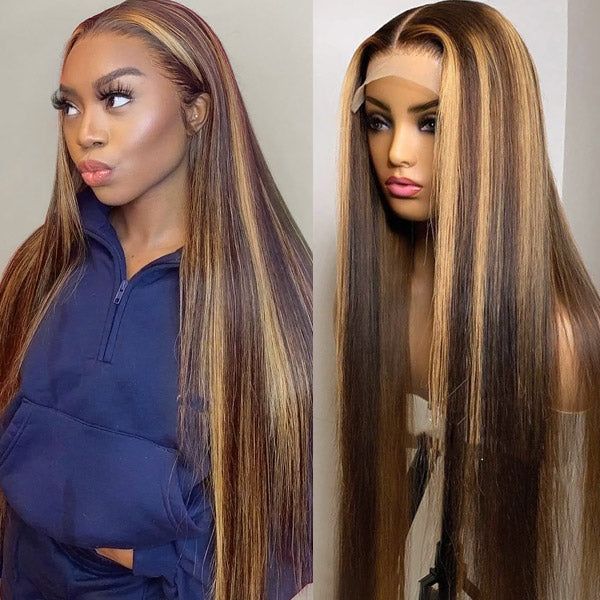 P4-27 Highlight Straight 13x6 Lace Frontal Virgin Hair Wigs 180% Density Pre Plucked Natural Hairline Human Hair